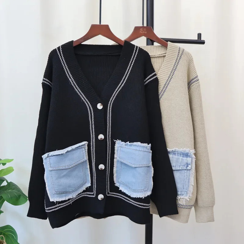 Women Sweater Denim Patchwork Cardigan Kintted Loose Spring Autumn Vintage Winter Streetwear Y2k Jumper Coat Cardigans 241021