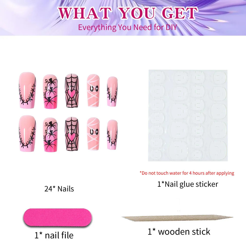 24pcs press on nailmedium nail square Halloween pumpkin shapesewing line cobweb nsuitable for festival wear 241021