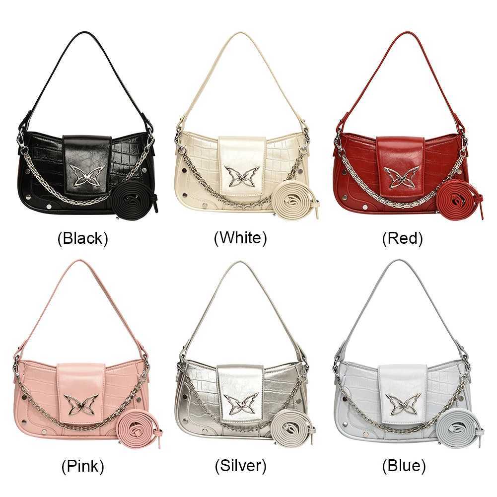 Women Pu Leather Shoulder Bag Butterfly Pattern Y2k Handbag with Chain Hobo Adjustable Strap Satchel Purse for Work 241023