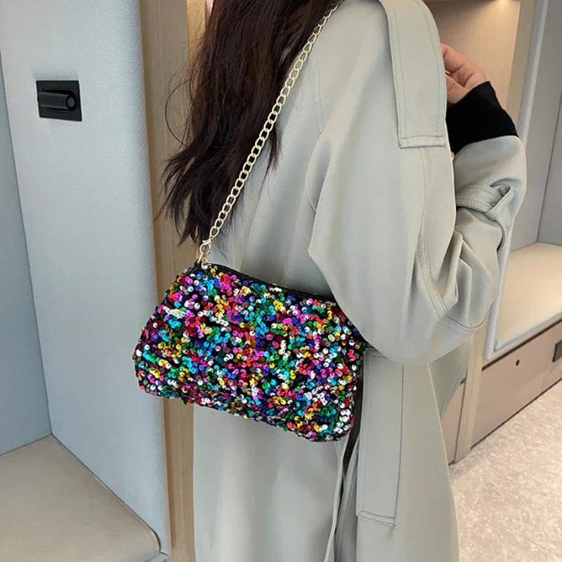 Sequins Crossbody Chain Bag Simple INS Solid Color Sequins Shoulder Bag Mobile Wallet Night Handbag 241023