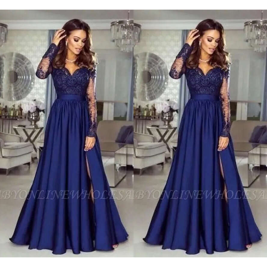 Mother Sleeve Vintage Long A E Sheer Appliques V Neck Navy Blue Lace Satin Bridesmaids Dresses Women Evening Prom Gowns Bc10075 ppliques vening