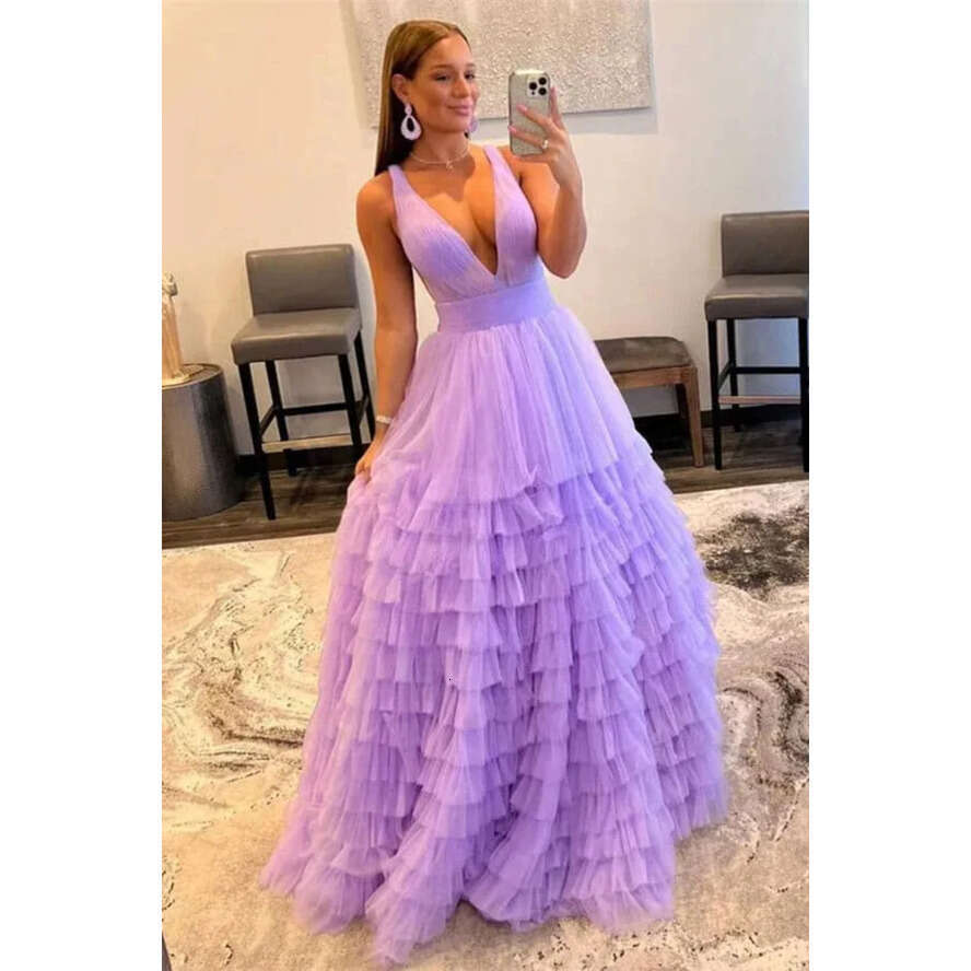 Lilac Dresses Gorgeous Prom Sexy V Neck A E Sleeveless Layered Tulle Long Evening Gowns Formal Women Ocn Wears Plus Size vening