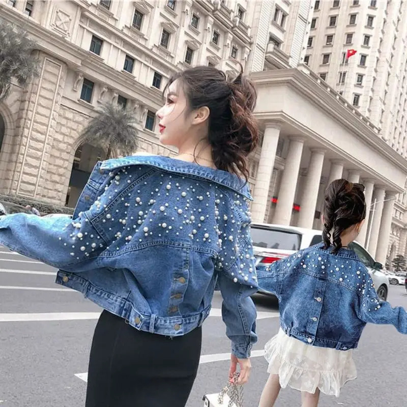 Mother Daughter Denim Jacket for Family Matching Clothes Outfits Mommy and Me Adult Baby Kids Blue Outwear CoatSpring Autumn 241022
