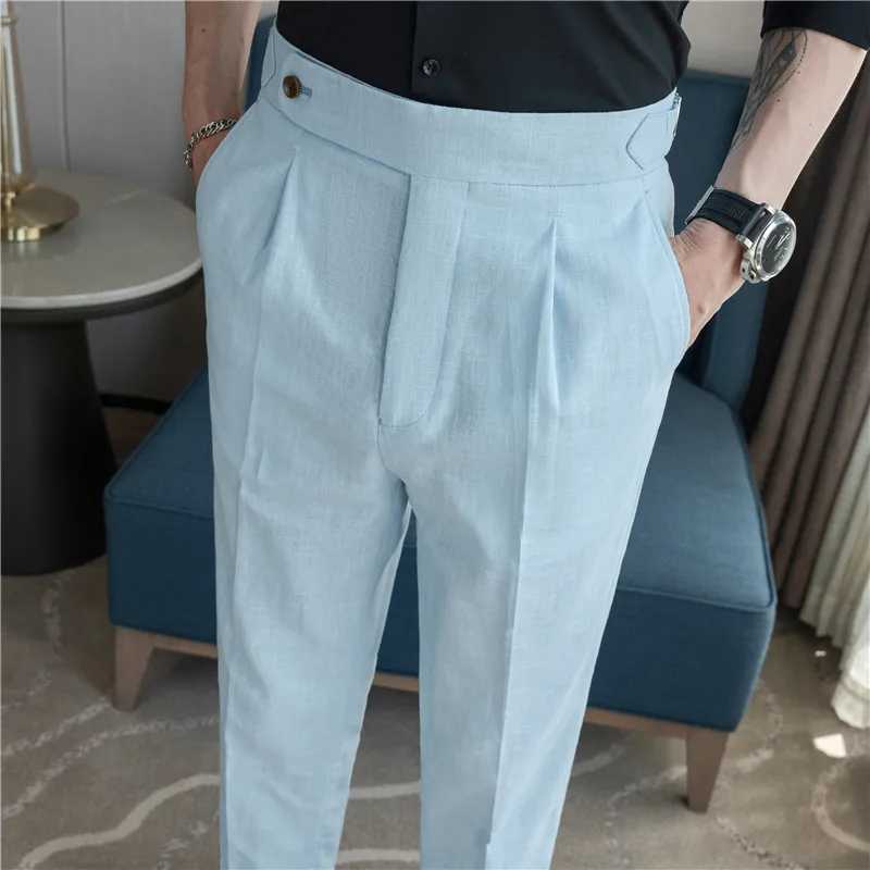 High Quality Summer Suit Pants Men Thin Cotton Linen Breathable Smart Casual Trousers Mens Solid Straight Dress Pants 90% LinenX241023