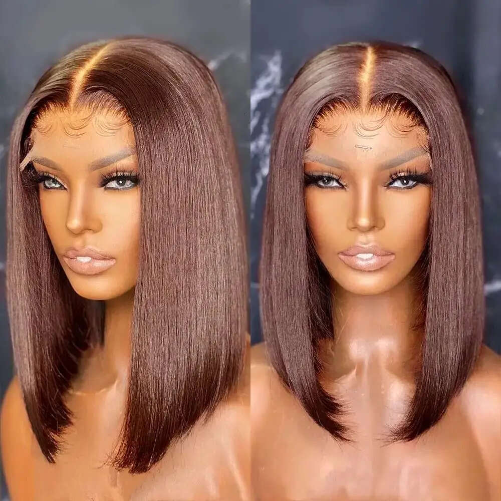Brazilian Remy 4# Chocolate Straight Short Bob Wigs Honey Brown 13x4 Transparent Lace Front Human Hair Wig