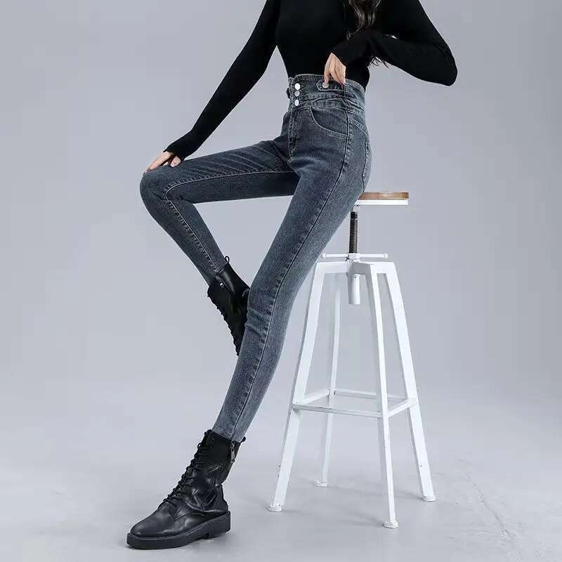 New Winter Thick Veet Women High Waist Skinny Jeans Simple Fleece Warm Slim Fit Stretch Ladies Casual Denim Mom Pencil Pants