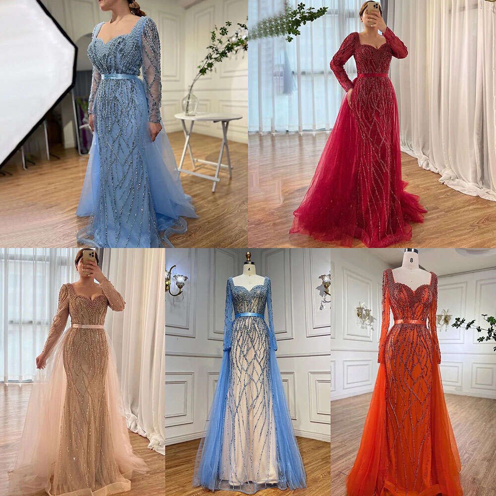 Serene Hill Blue Mermaid Pearls Beaded Arabic Elegant Evening Dresses Gowns For Woman Party