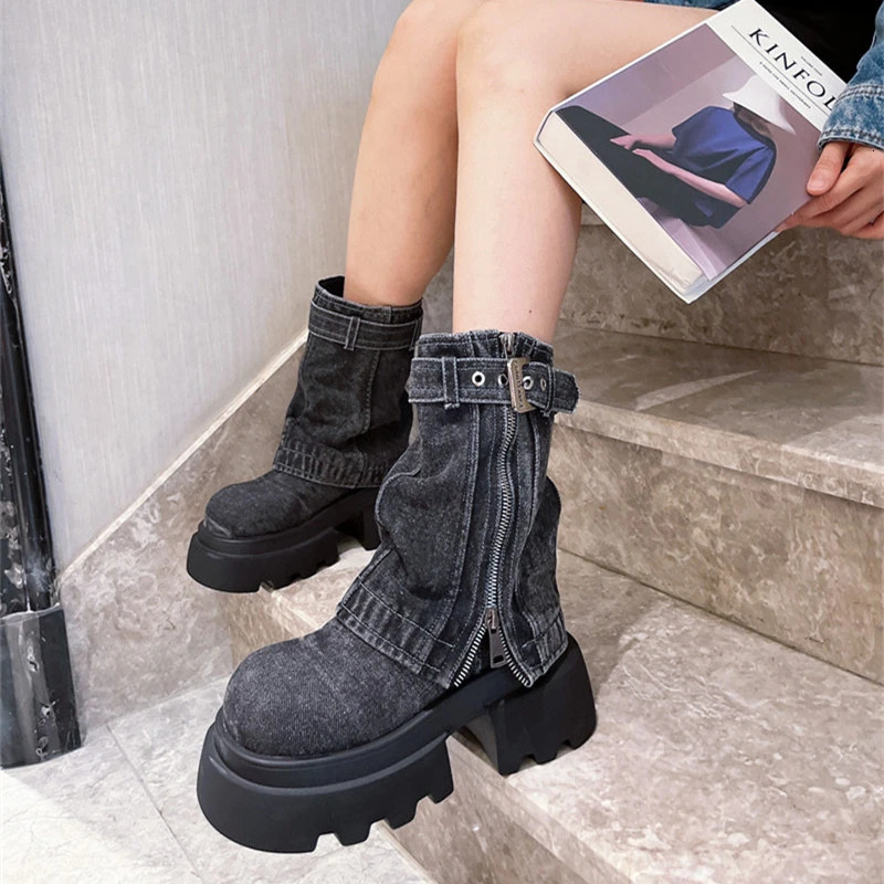 Platform Shoes Cowboy Boots for Women Round Toe Square Heel Mid Calf High Women Boots Punk Street Style Outdoor Denim Solid 241022