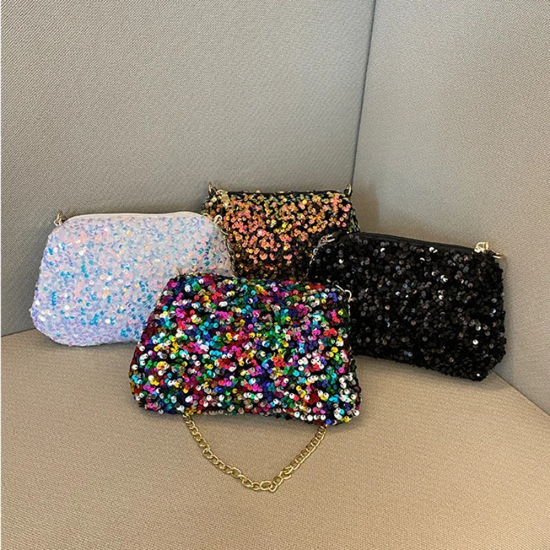 Sequins Crossbody Chain Bag Simple INS Solid Color Sequins Shoulder Bag Mobile Wallet Night Handbag 241023