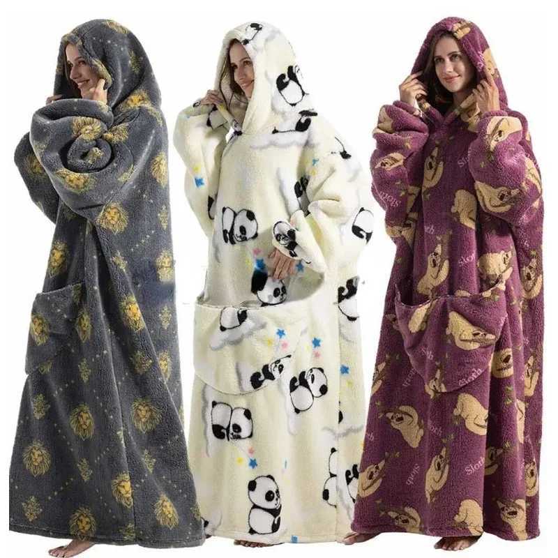 2024 Extra Long Flannel Blanket with Sleeves Winter Hoodies Sweatshirt Women Men Pullover Fleece Giant TV Blanket Oversized NewXJ241008