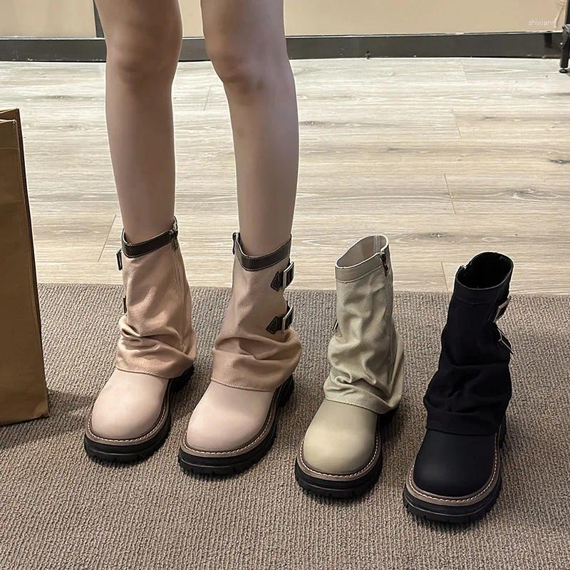 Boots Shoes Flat Heel Round Toe Women 2024 Clogs Platform Zipper Fashion Ladies Med Summer Elegant Rock