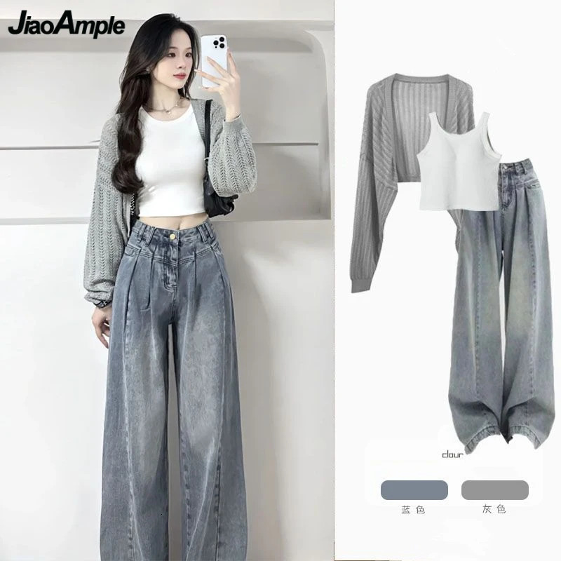 Womens Spring and Autumn Short sleeved Open top Tank Top Jeans 1 or 3 Piece Set Korean Womens Fashion Sweater Coat Strap Jeans Set 241022