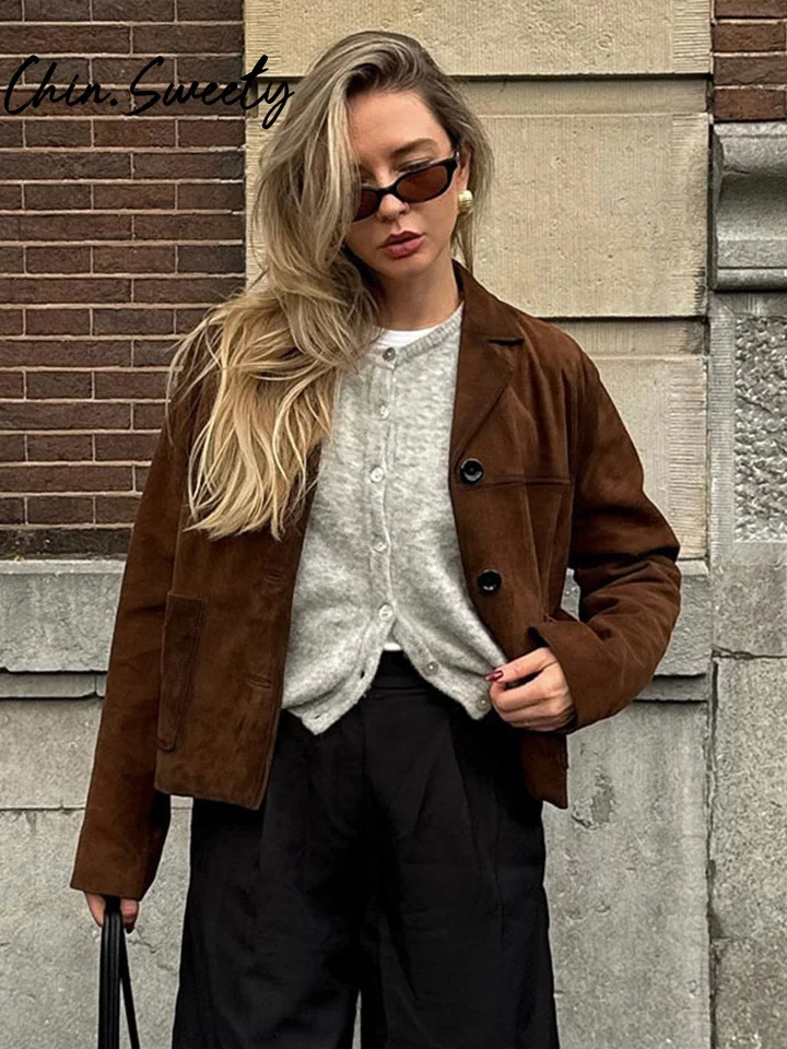 Brown suede short womens jacket casual long sleeved single button lapel womens coat autumn vintage womens streetwear 241023