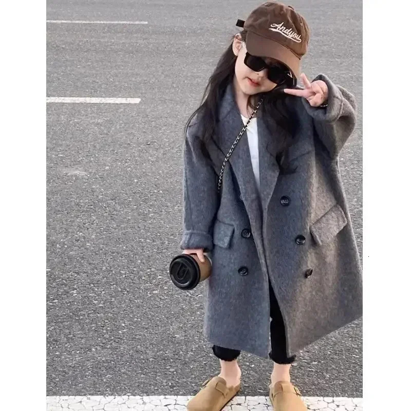 Girls coat Korean style childrens clothing autumn and winter item lapel long groove fashion thick double-sided coarse woolen coat 241022