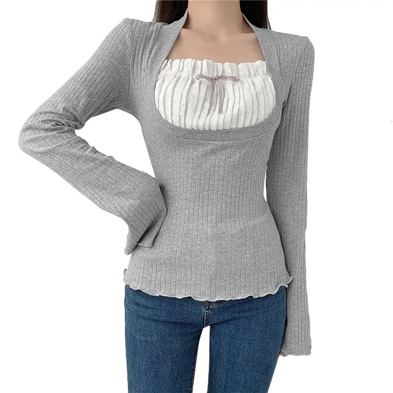 Xingqing Elegant Lady Square Collar T Shirt Kawaii Clothes Fairy Grunge Long Sleeve Ribbed Tops y2k Tees 2000s Women Streetwear 241022