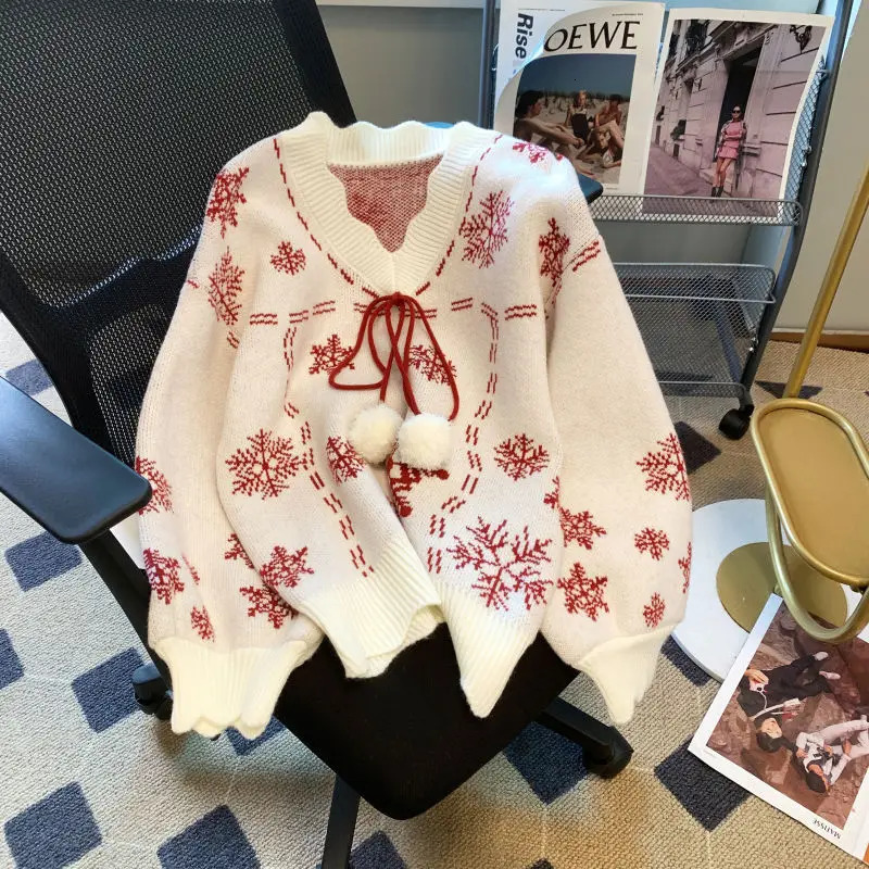 Autumn Winter Korean Fashion Printing Vneck Long Sleeve Pullovers Women Clothing Simplicity Lacing Loose Christmas Sweater 241021