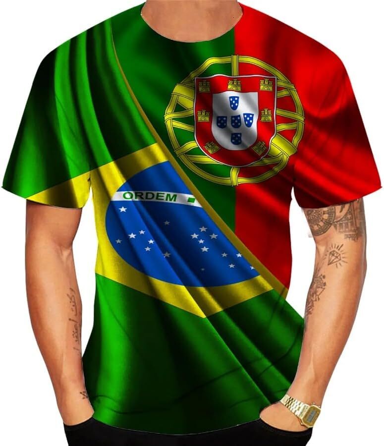 Mens T shirt Fashion Portugal and Brazil Flag 3D T Shirt Men Women Casual Round Neck Short Sleeve Sports T-shirt tee Casual tops summer clothes