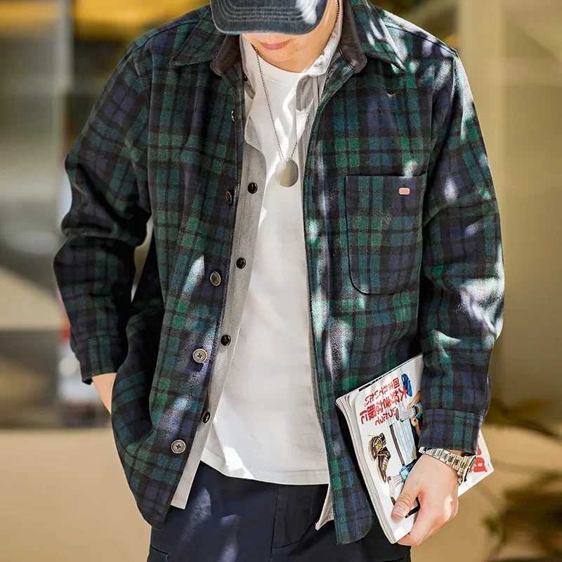 Maden retro blue and Grn plain weave wool jacket loose plain weave shirt jacket mens casual shirt jacket mens warm jacket X241023