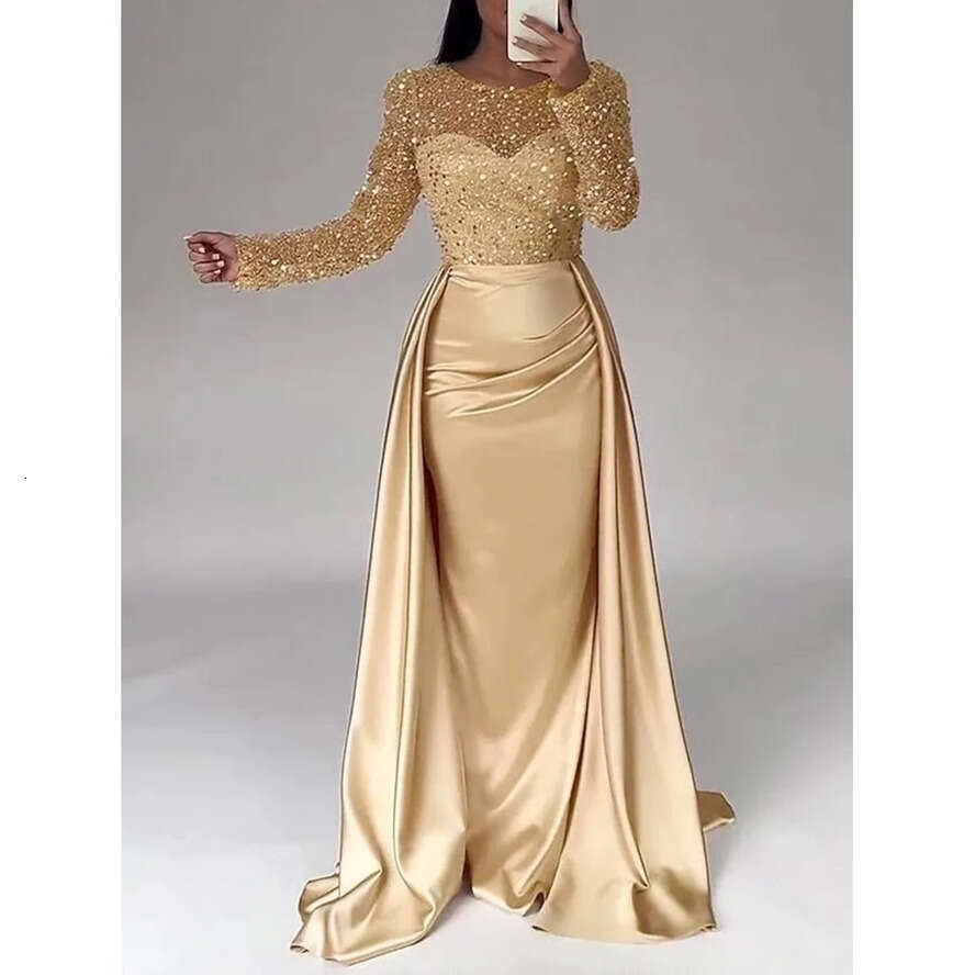 Vintage Long Arabic Dubai Sleeve Evening Dresses With Detachable Skirt Champagne Sier Mermaid Sparkle Sequined Women Ocn Party Gowns Bc