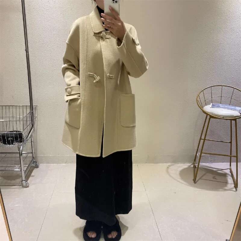 Rose Long Cashmere Autumn/Winter Woolen Horn Buckle Doll Collar Loose Version Double-Sided Handmade Women's