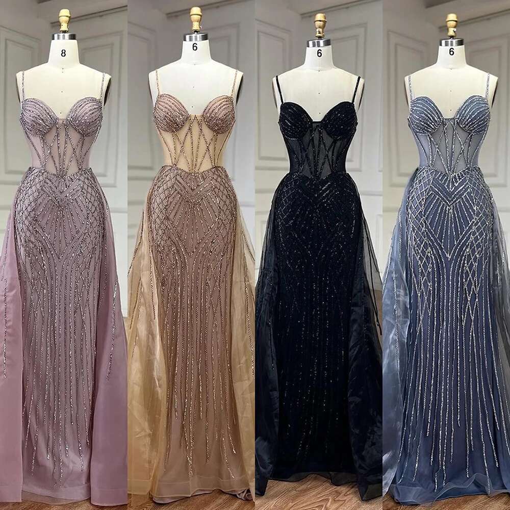 Serene Hill 2024 Arabic Spaghetti Strap Pink Mermaid Overskirt Beaded Evening Dresses Gowns for Women Party