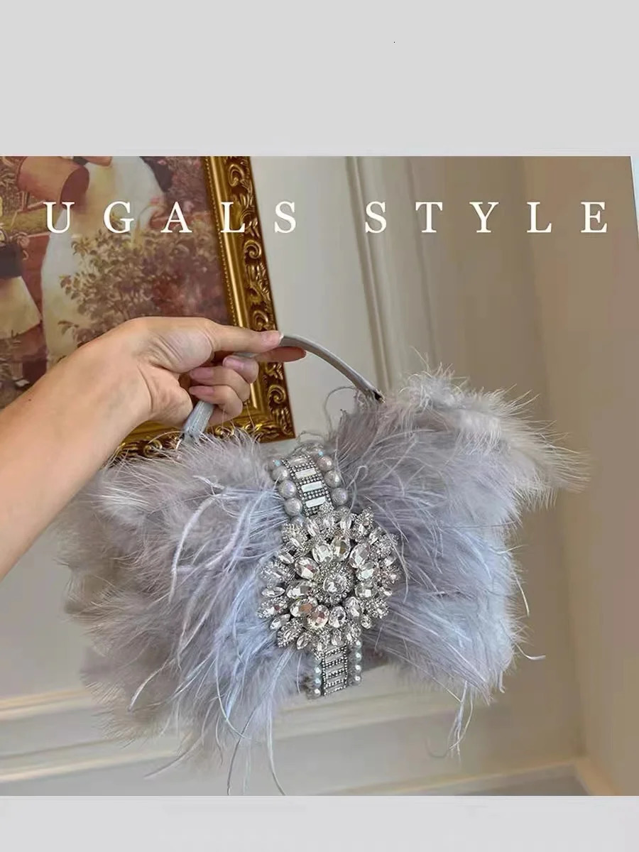 Ostrich hair crystal sparkling rhinestone diamond evening bag womens handbag wedding party clutch wallet shoulder cross body bag 241023