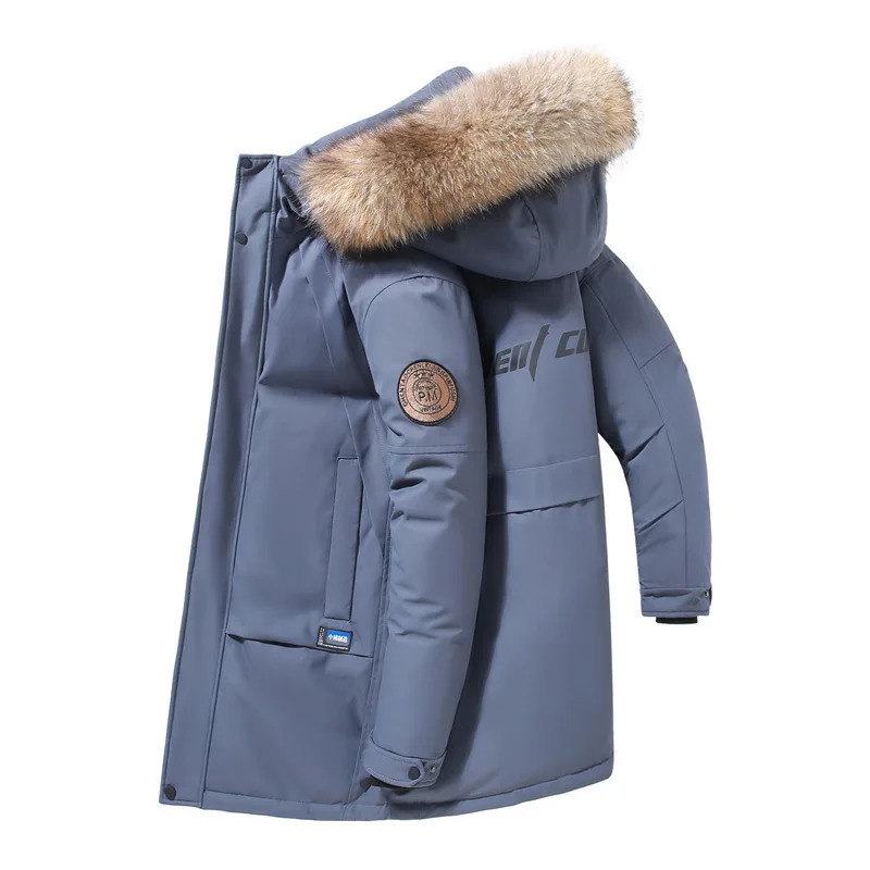 winter mens hooded fur collar long coat mens white duck down jacket high-quality mens multi pocket Parkas jacket 3XL 241022