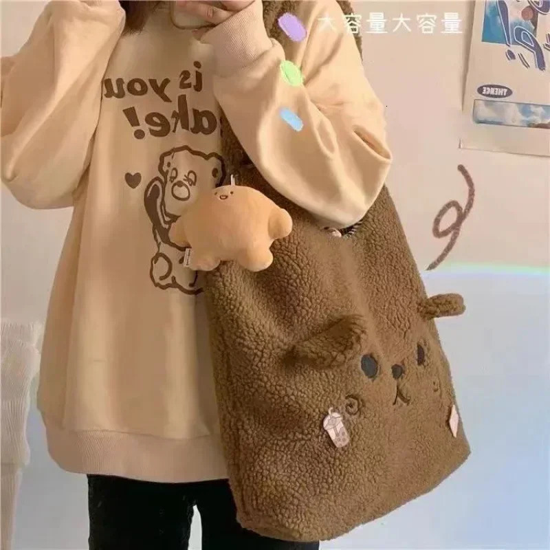Winter Soft Plush Handbag Womens Cartoon Embroidery Imitation Sheepskin Hair Shoulder Bag Womens Shopping Bag No Pendant 241022 ww