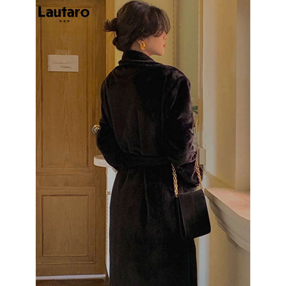 Lautaro Winter Oversized Black Soft Faux Fur Trench Coat For Women Long Sleeve Sashes Casual Stylish Korean Fashion