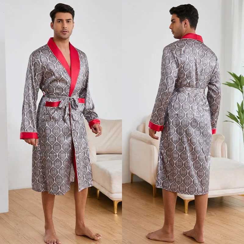 Men Stripe Print Kimono Robe Sleepwear Loose Casual Satin Homewear Bathrobe Gown with Belt Loungewear Spring Summer Nightwear W250717