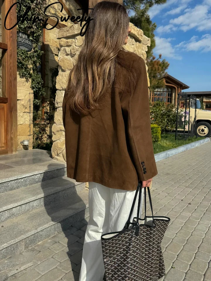 Retro artificial suede lapel jacket for women loose single chest pocket jacket autumn and winter casual womens jacket 241023