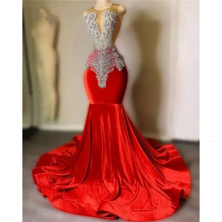 Red Veet Mermaid Sparkly Prom Beading Sheer Neck Plus Size Formal Graduation Party Dress Robe De Bal Bc18249