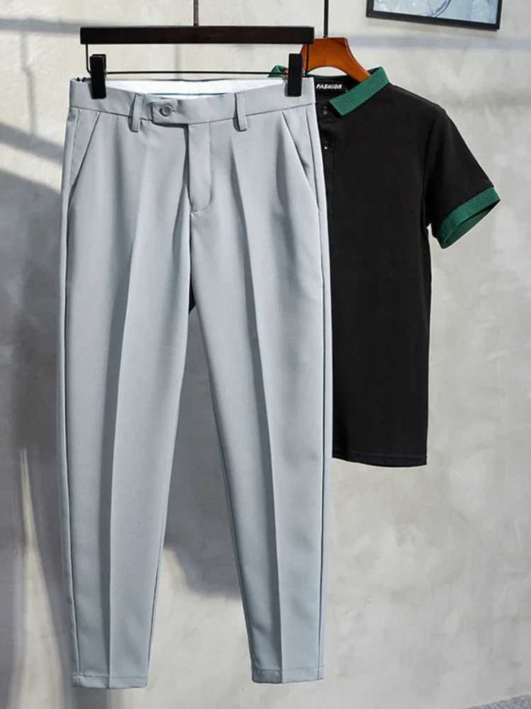 9 Cropped Man Suits Pants White Trousers for Men Fluid Draped High Quality Luxury Korean Style Clothes Spandex Summer 2024 CheapX241023