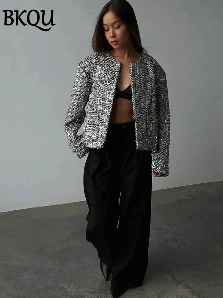 BKQU Tweed Sequined Jackets Women Casual Loose Round Neck Long Sleeved Cropped Silver Cardigan Autumn Female Warm Elegant Coats 241021