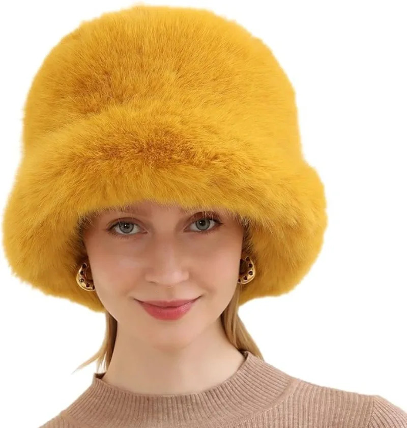 Colorful thick faux fur hat for women warm bucket hat for winter cold weather sweet girls hat for women fluffy fur fishermans hat 241023