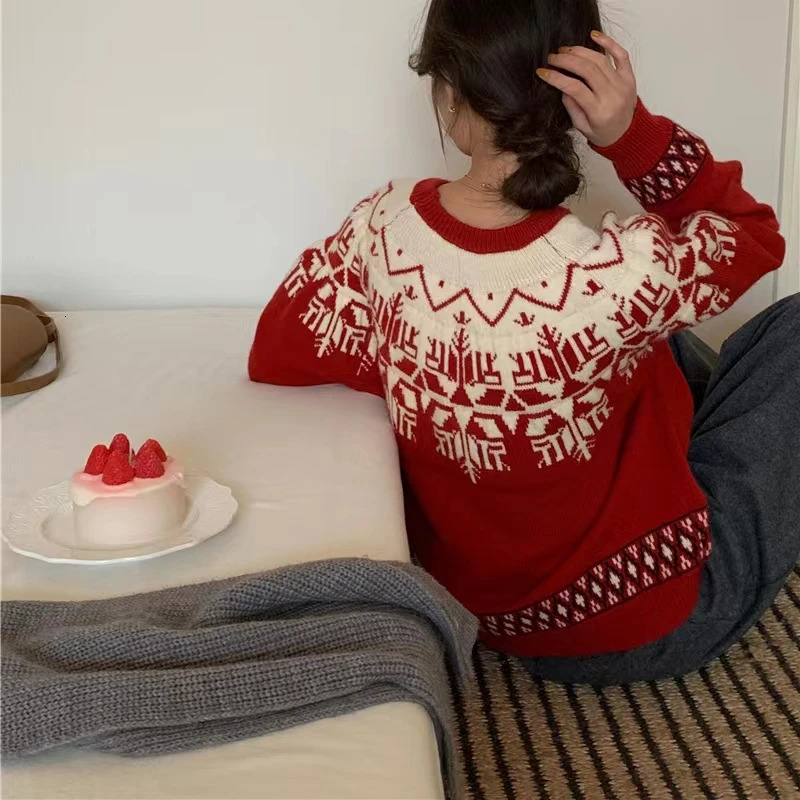 Autumn Winter Christmas Knitted Thick Sweater Women Loose Oneck Pullover Vintage Fashion Knitwear Tops 241021