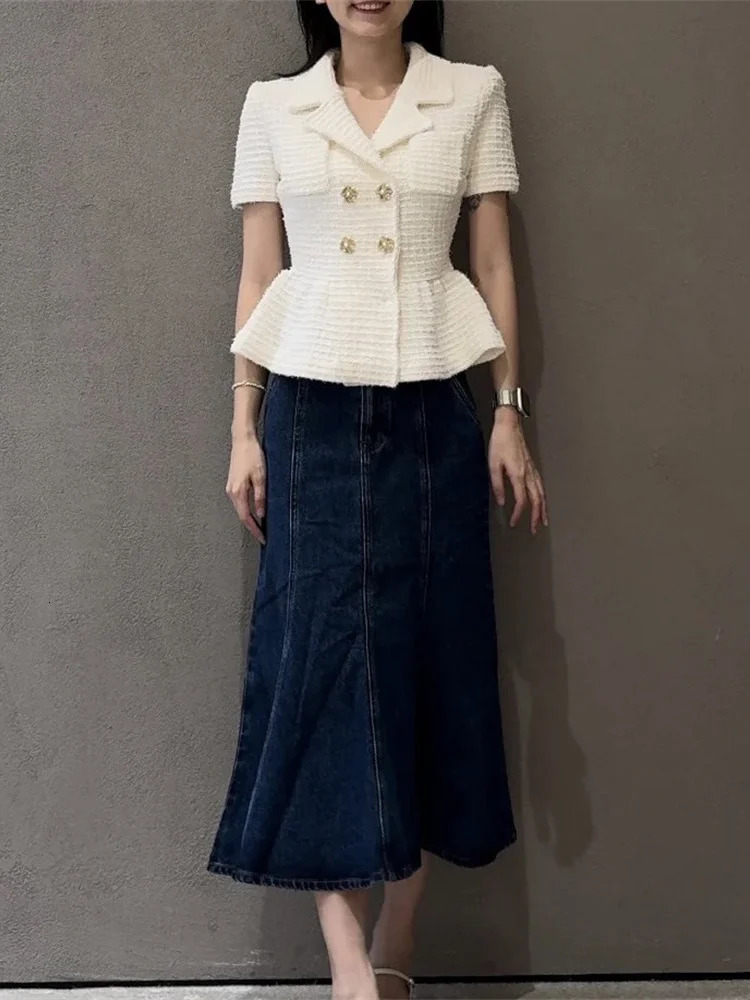 Womens elegant short sleeved top early autumn womens double breasted open top tweed coat 241023