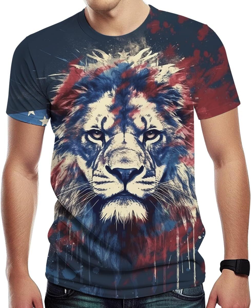 Mens T shirt Summer Casual Hawaiian American Flag Lion Shirt for Men, Orange tee Casual tops summer clothes Fashionable and breathable nice