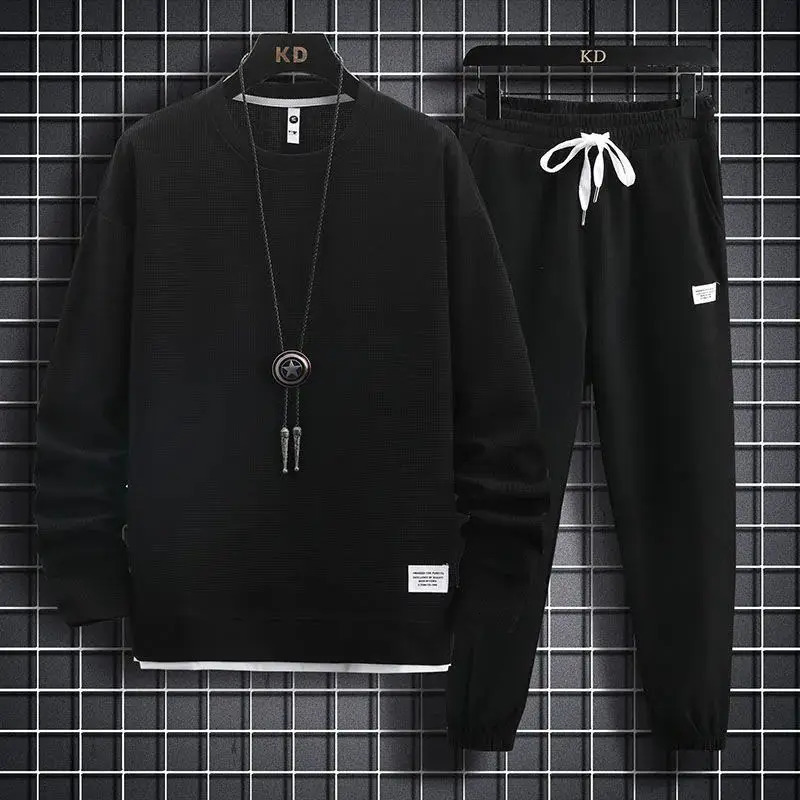 Mens waffle set 2-piece casual long sleeved sweater and pants sports T-shirt hooded casual mens loose set 241022