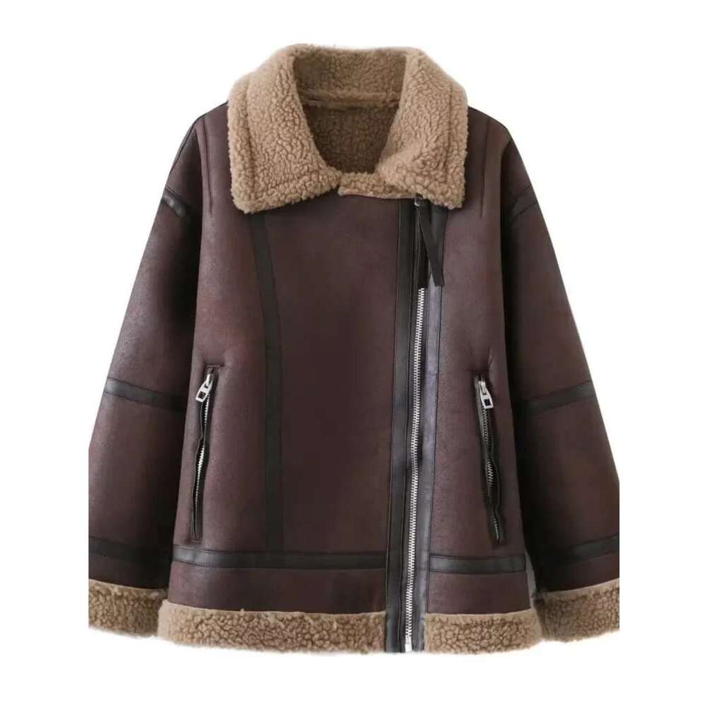 Winter Women Warm Thick Fur Pu-Leather Jacket Vintage Lapel Long Sleeved Zipper Overcoat Fashion High Street Female Coats