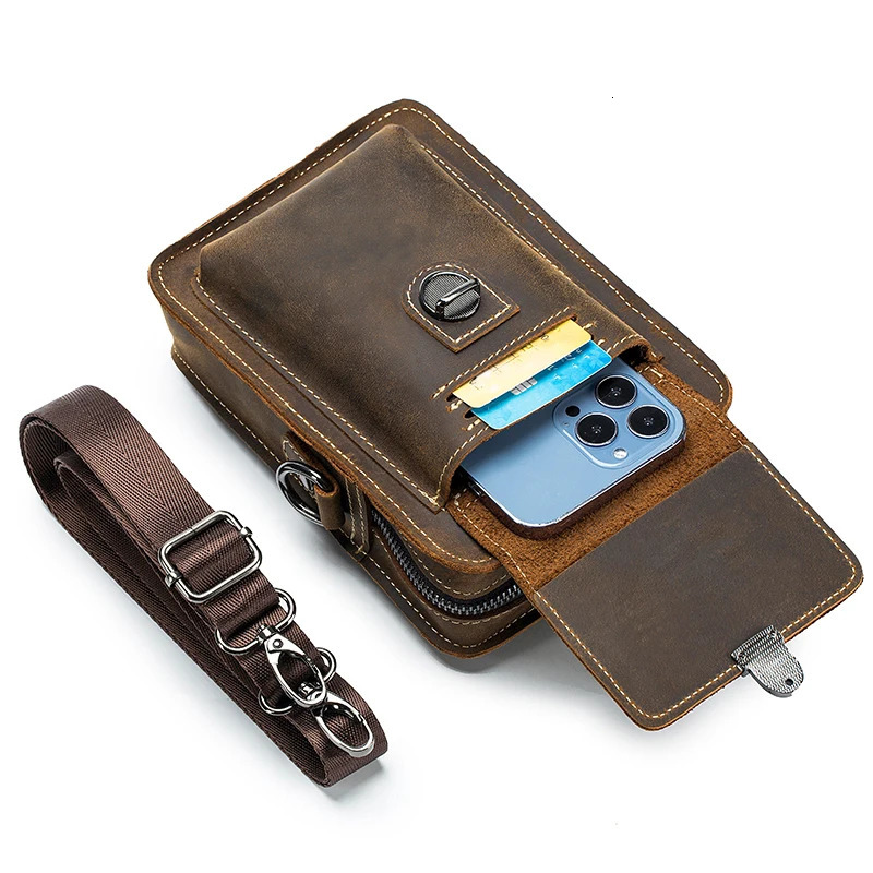 Crazy Horse Skin Mens Wear with Mobile Phone Waist Bag Top layer Cowboy Multi functional Single shoulder Cross body Mobile Phone Bag 241023