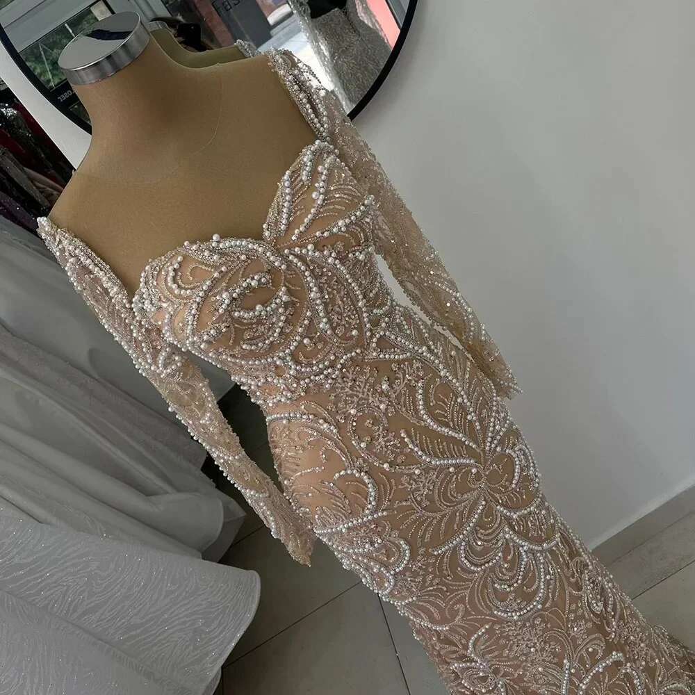 Serene Hill 2024 Nude Mermaid Pearls Beaded Arabic Evening Gowns for Formal Ocn Dress