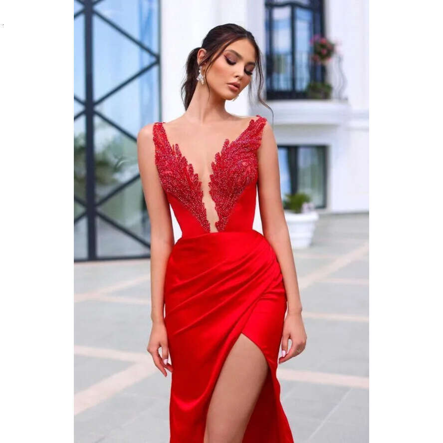 Split Evening Red Sexy Dresses 2024 New A E Plunging V Neck Appliques Long Bridesmaids Prom Gowns Women Formal Ocn Vestidos Bc18475 ppliques estidos