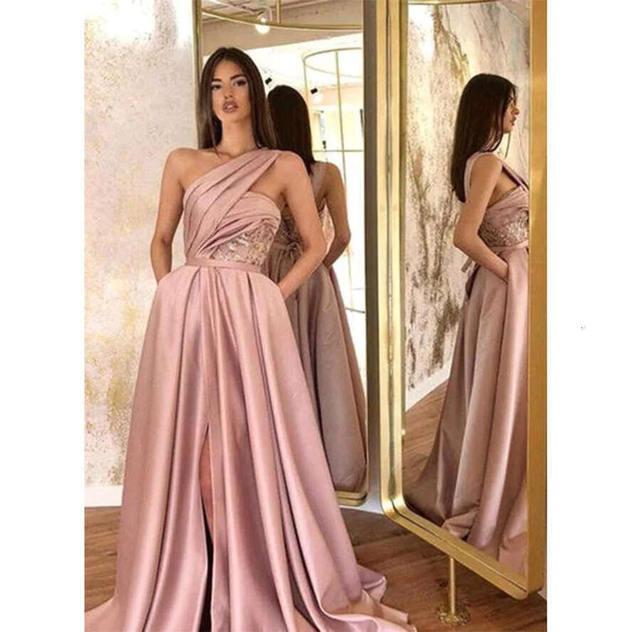 Split Pink Evening Dusty Dresses Arabic Stylish A E One Shoulder Prom Gowns Women Ocn Formal Vestidos Custom Made Bc