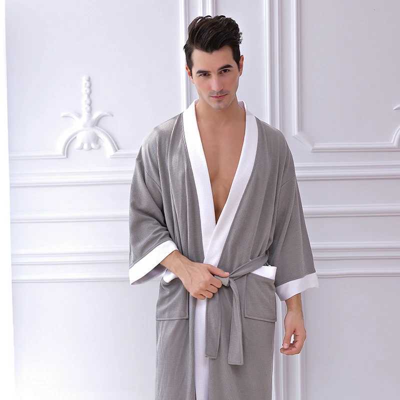 Spring and summer mens Sp long robe cotton Wfle Bathrobes gray warm soft evening gown plus size robe M XL XXL W241023