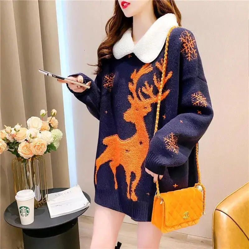Christmas Cartoon Pullovers Women Clothes Allmatch Printing Turndown Collar Long Sleeve Mid Length Top Autumn Winter Sweater 241021