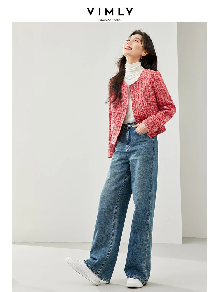 Vimly elegant cut tweed red jacket womens spring coat O-neck single chest long sleeved womens coat M6103 241023