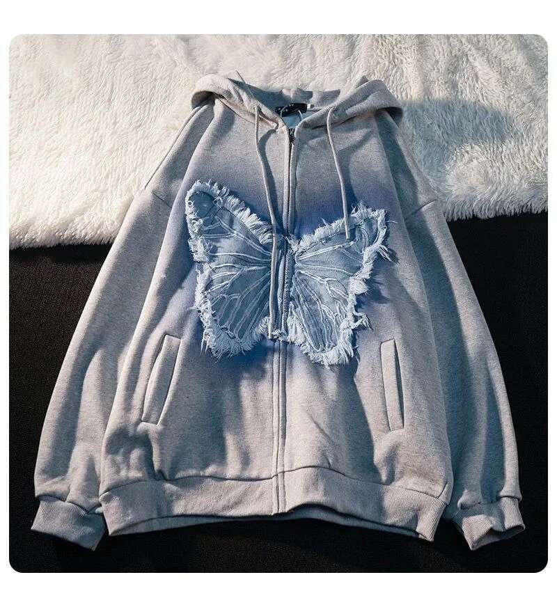 High end Street American Butterfly Patch Designs Hoodie Women Y k New Harajuku Plus Velvet Thickening Trend Sweatshirts Couple Loose Tops Harajuu Thic