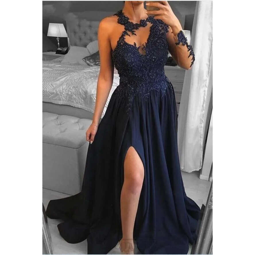 Lace Elegant Navy Blue Chiffon Evening With Front Split A E Appliques Jewel Neck Sheer Long Sleeve Prom Gowns Bridesmaid Dresses Bc12339 ppliques