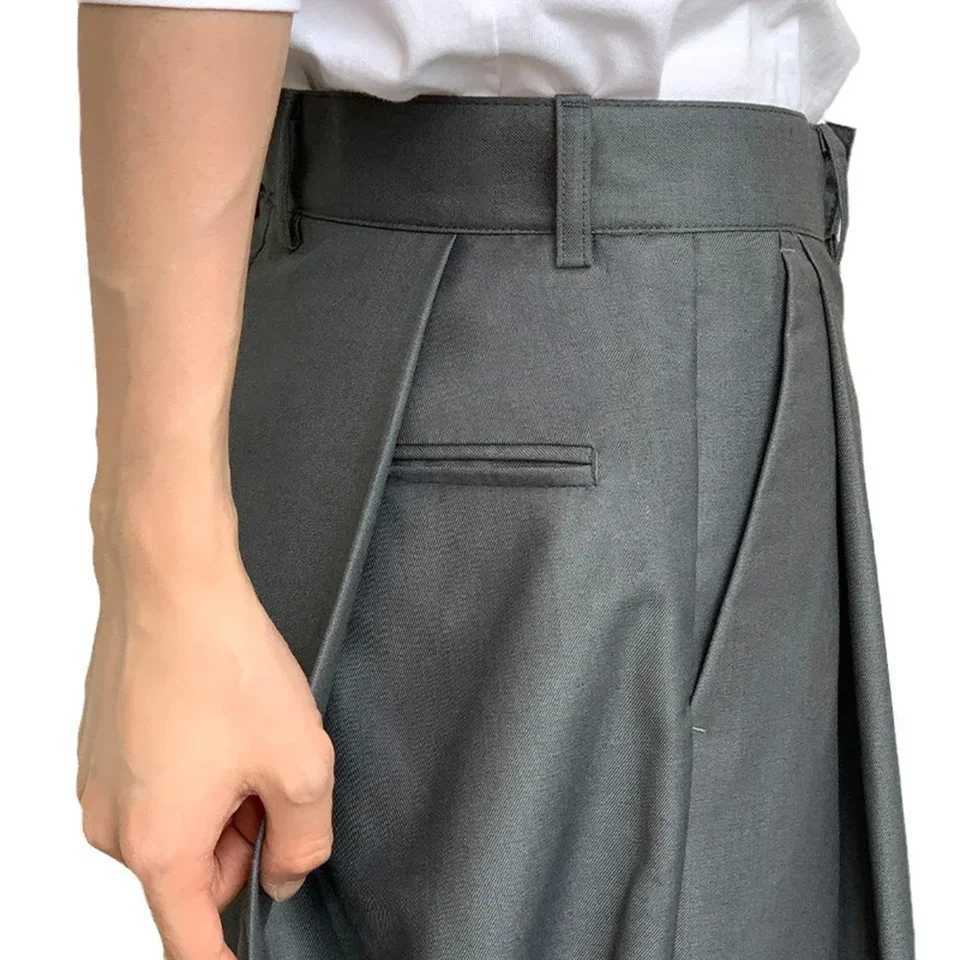 Mens Solid Baggy Fold Straight Wide Leg Grey Suit Pants Fashion Vintage Trousers Mens Clothing Cargo Pants Handsome SweatpantsX241023